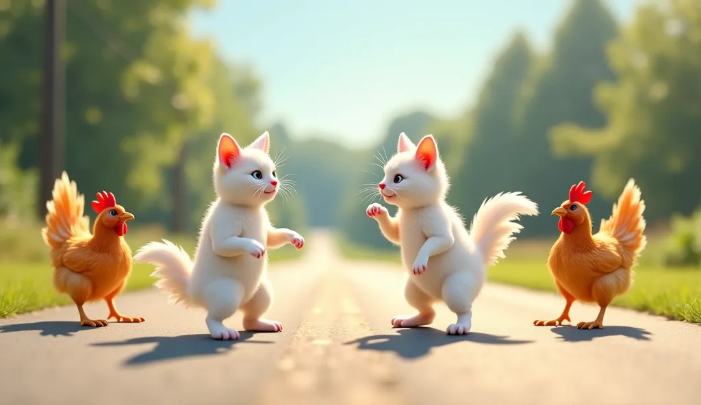 Two white cats and two chikens dancing two legs on road