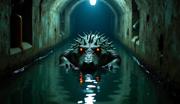 "A dark, eerie underground sewer tunnel filled with water, dimly illuminated by flickering overhead lights. Emerging from the water is a monstrous crocodile-like creature with glowing red eyes, sharp metallic spikes running down its back, and an armored, m...