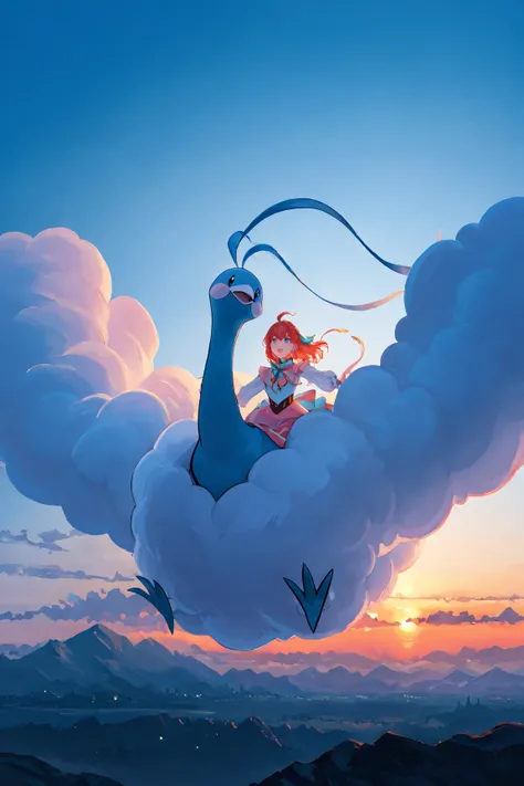 Chiltalis is flying in the sky。
An adult man is on board

blue clear sky
Depict brightly

prompts:
“Altaria, a majestic dragon-like Pokémon with cloud-like wings, soaring gracefully through the sky while carrying a human on its back. The scene is set again...