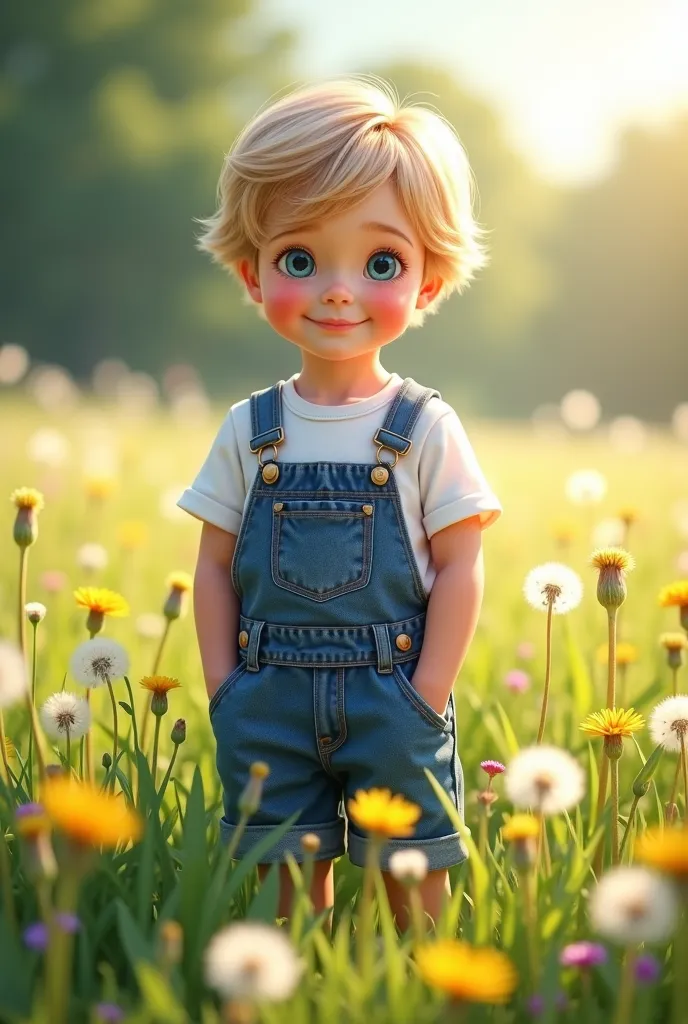 A  boy with light hair, blue eyes, smiling, wearing a denim overalls and a white t-shirt, standing at a distance in a sunlit meadow filled with dandelions and flowers, visible in full length, in a realistic style.
