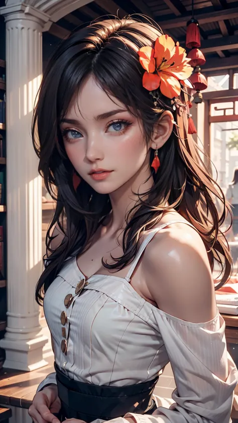 fashion trendy beautiful and charming women, Elegant and attractive Chinese beauty, delicate and sexy collarbone, above Eter regi, Double Eye Lid,  smart peach flower eyes, pink lips, small nose, bare shoulders, focus on your face, face close-up, Ultra Hig...