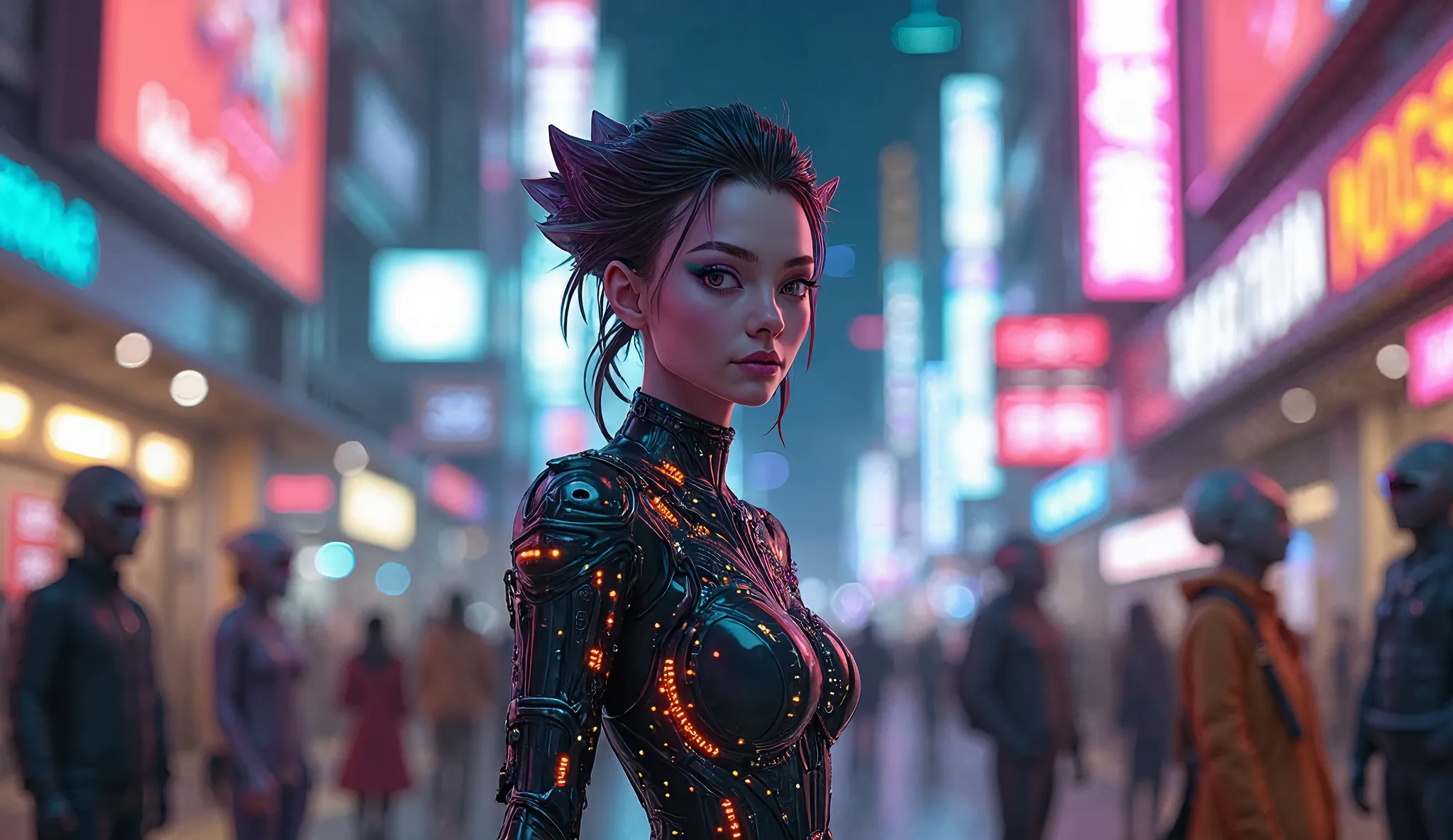 Envision an alien girl in a futuristic urban setting, standing confidently on a bustling street filled with neon lights and holographic advertisements. She has a unique, angular face with sharp features and skin that shifts colors based on her emotions, cr...