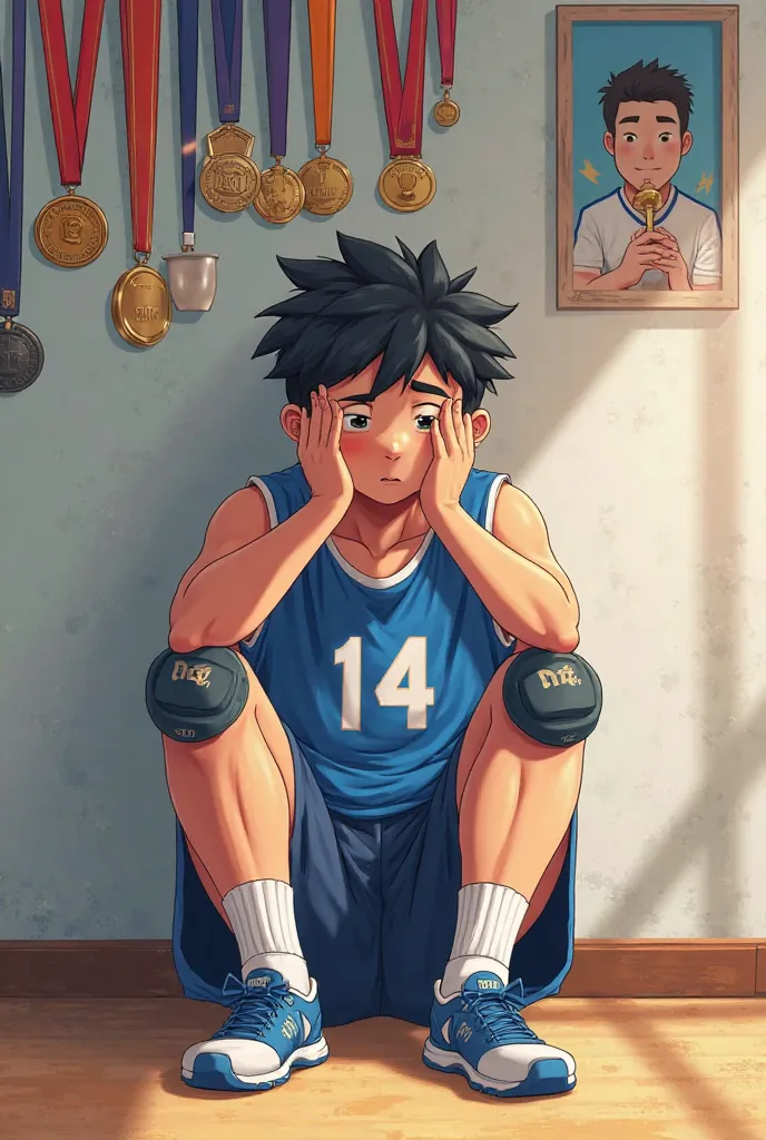 Create volleyball-themed photos 1 male player sitting with head bowed wears shirt number 14 Legs carry protective knee braces Above the house wall are medals and a photo of myself with the medal and cup inside In a larger space, there is a father advising ...