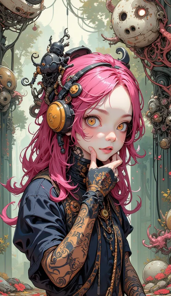 Tim Burton Style、 young woman、 pink hair near MM、Add natural hand movements、