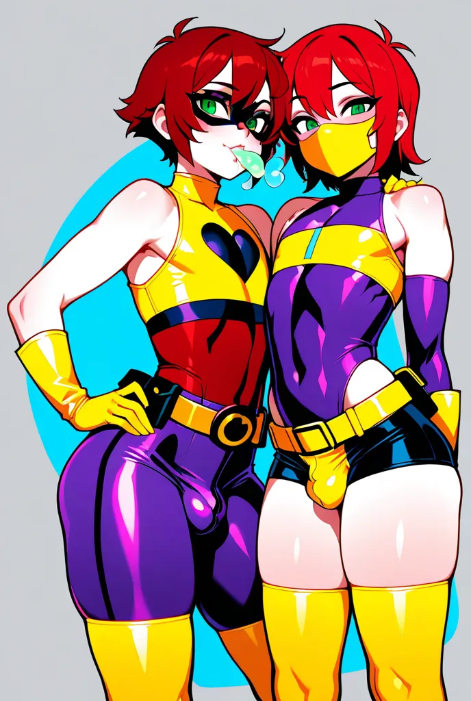 emboy , trap, crop top, flat chest, (bulge), (((boy ,femboy , female, Otoko No Ko))), ultra-detailed, beautiful, best quality, thigh high socks, short hair,femboy , thin waist, cute guy, Sexy guy,1woman,red hair,green eyes,Batmask,domino mask,purple bodysu...