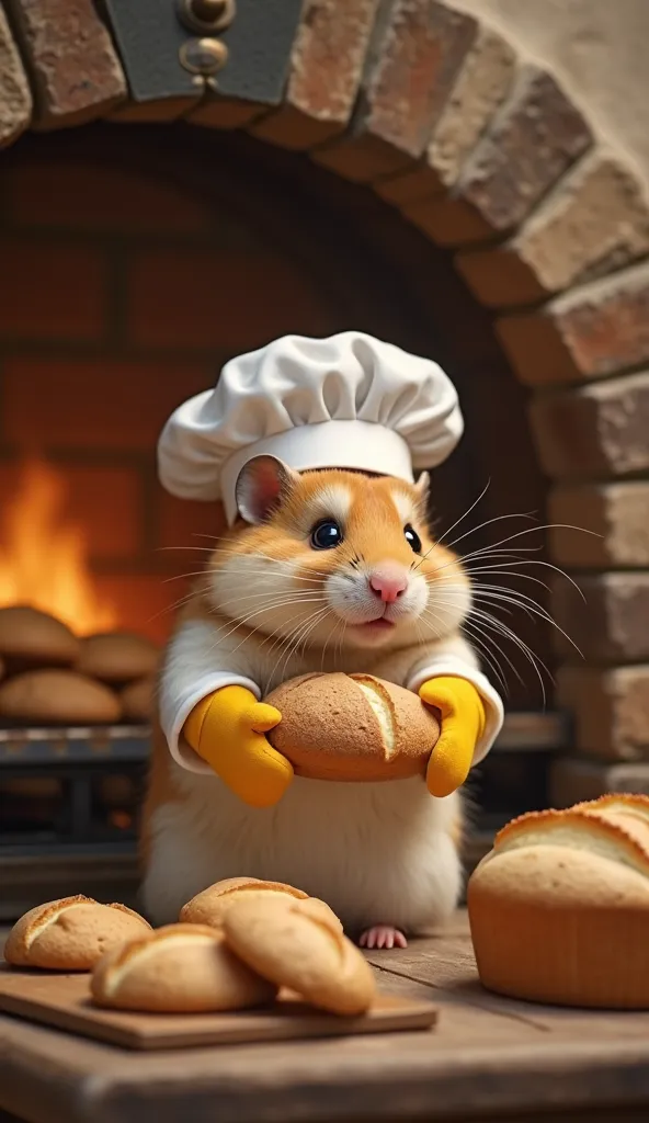 A proud hamster chef, wearing tiny oven mitts, is carefully pulling a freshly baked loaf of bread from a rustic oven. His little eyes sparkle with joy as he admires the perfectly golden crust. The warm kitchen is filled with the delicious aroma of baked go...