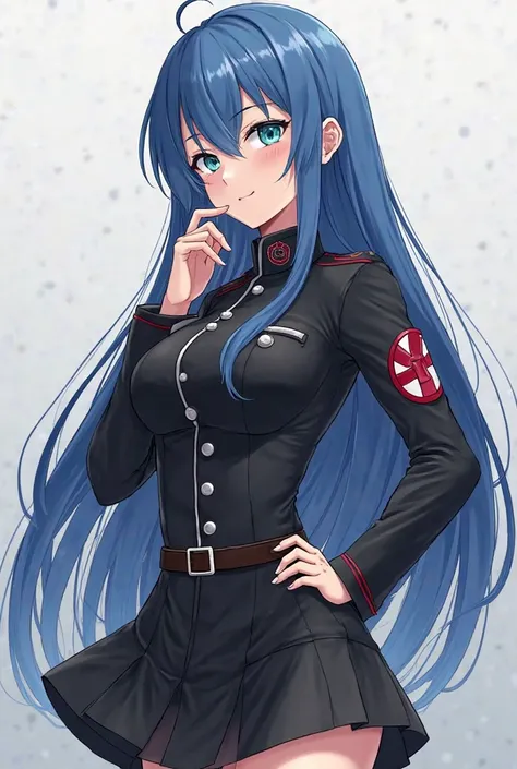 a woman with long blue hair wearing a uniform, ikki tousen, female anime character, anime maid nazi ss military, female action anime girl, ”beautiful anime woman, in black military uniform, detailed anime artwork, steampunk beautiful anime woman, anime wom...