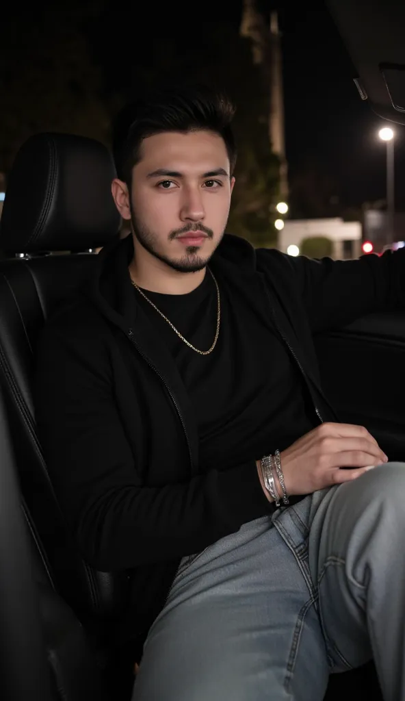 a handsome young turkish guy with muscle, dark very short hair fade middle parting and goatee beard  he wearing a black tshirt and a very light loose jeans and a thin gold chain he sits in a car Amateur photo random picture and location is germany he has v...