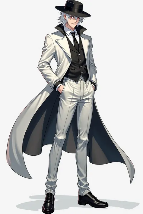  Paren, 25 years old, white hair, Red eyes, without beard and moustache, black hat, white coat, white trousers, black warm shoes, black shirt,  black tie,  beautiful appearance