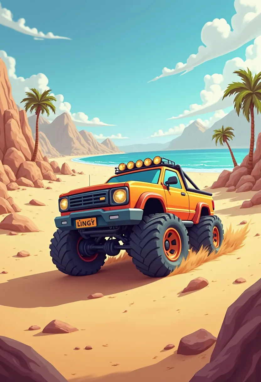 Cartoon of a 4x4 with big wheels in the desert with the beach and pitas in the background
