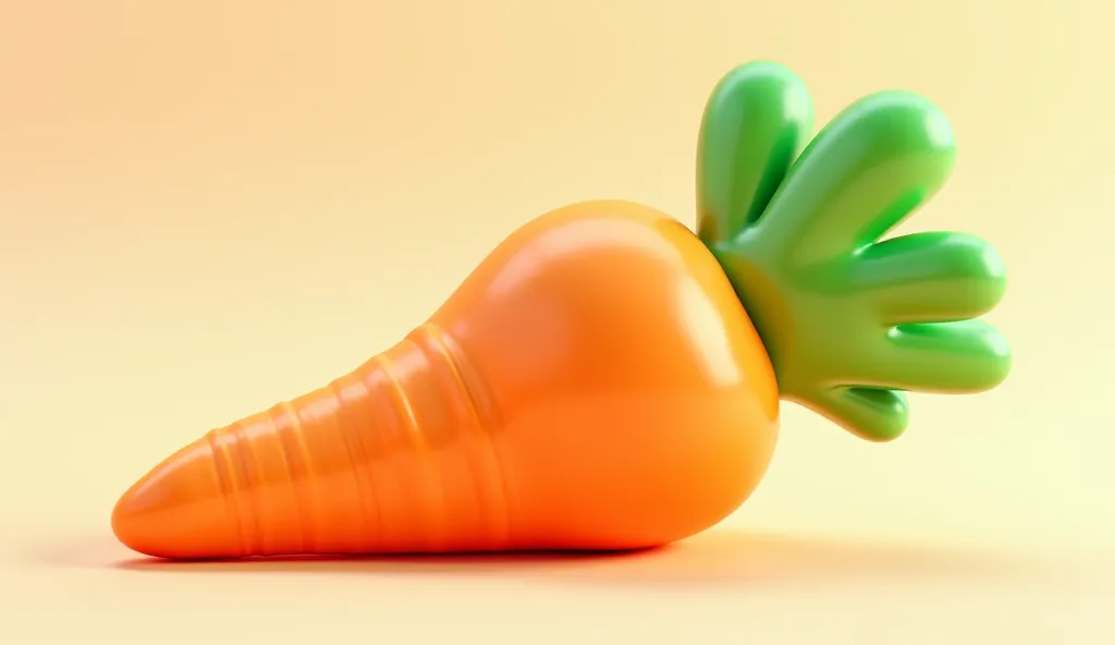 A perfectly shaped, ultra-detailed 3D render of a bright orange carrot with smooth, slightly curved edges, a vibrant green leafy top, and a glossy surface that enhances its toy-like aesthetic. The high-quality rendering captures subtle textures and soft re...