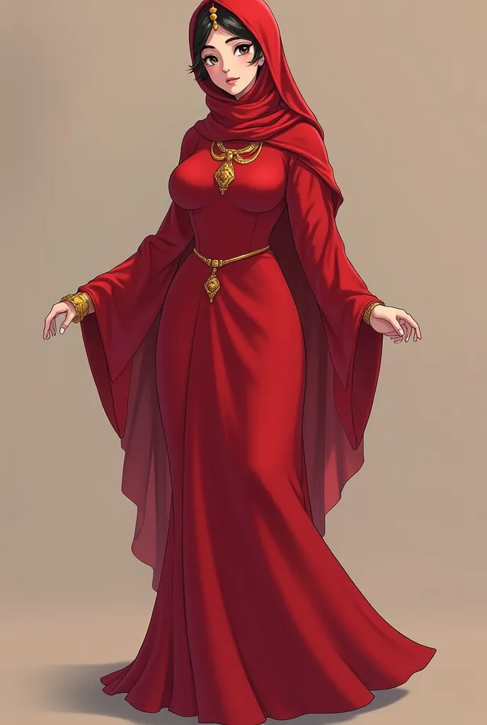 An enchanting anime princess with a flawless figure and huge breasts is wearing a Princess Jasmine-inspired red dress. Her head is covered with a fitted Arabic-style hijab covering her entire hair, complemented by a golden necklace. She completes the ensem...