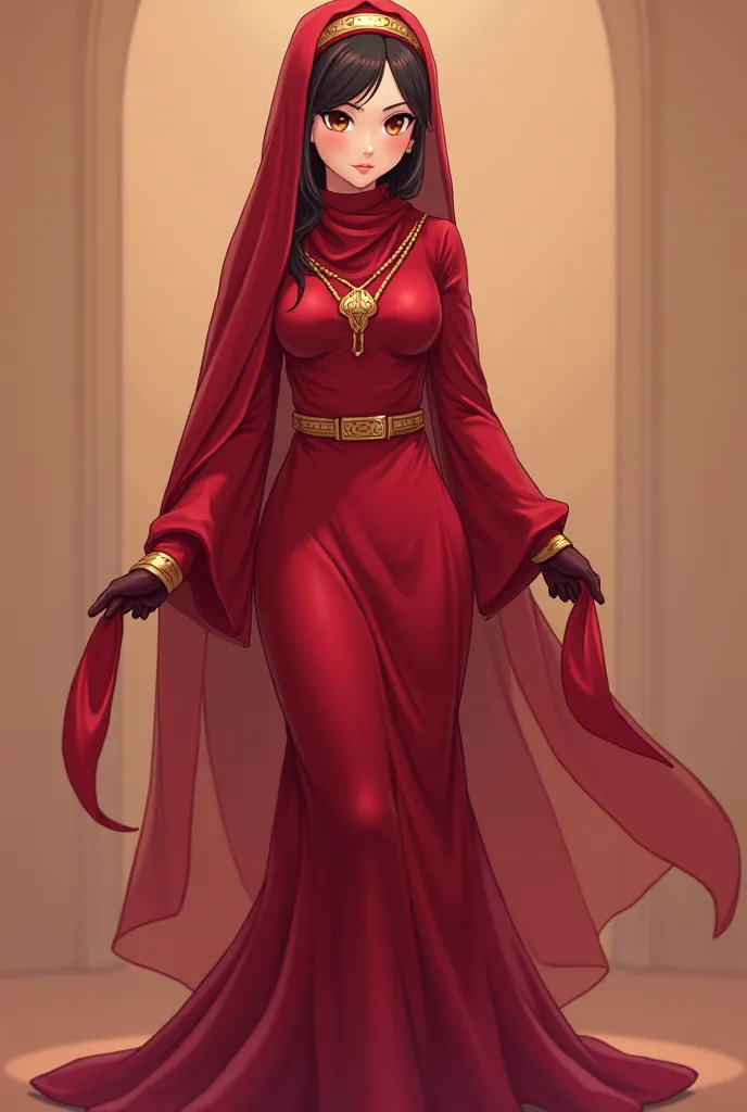 An enchanting anime princess with a flawless figure and huge breasts is wearing a Princess Jasmine-inspired red dress. Her head is covered with a fitted Arabic-style hijab covering her entire hair, complemented by a golden necklace. She completes the ensem...