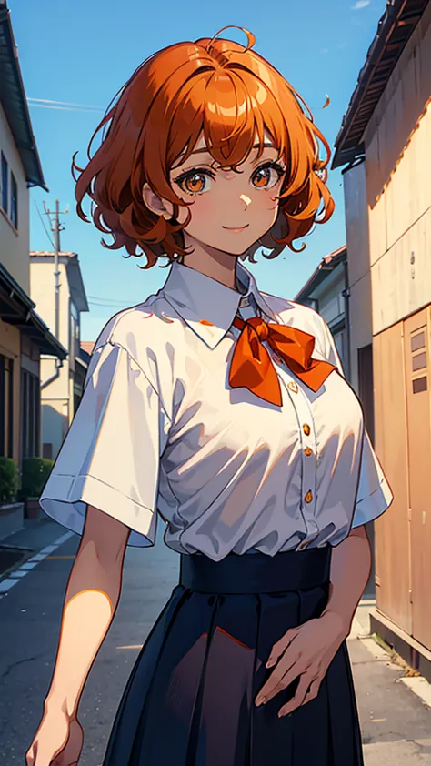 anime, blue sky、 everyday wear、Beautiful Young Man and Elementary School Student Like a Woman with Curly Hair, Short Bob Hair、dark brown skin、orange hair、smile、Big cat eyes、ivory high neck shirt、Don&#39;t show your breasts、green long skirt、 park full of fl...