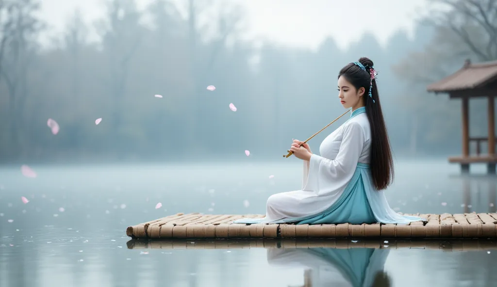 "A serene and elegant young woman in traditional Chinese attire sits gracefully on a bamboo dock extending over a calm misty lake. She wears a flowing white and light blue hanfu with delicate embroidery, and her long dark hair is adorned with intricate hai...