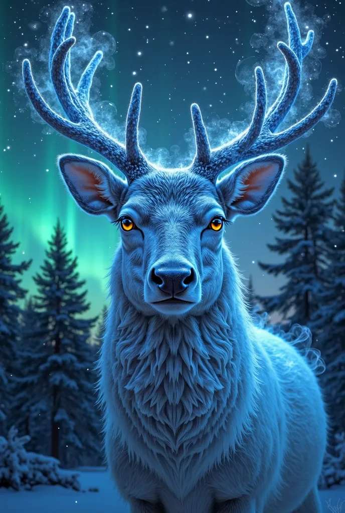 The face of a reindeer (faced with a lot of detail by the, twinkling eyes and smoke from the mouth ) the reindeer is all made of space blue energy, with a forest behind it and a starry sky with northern lights , Almost transparent body of energy