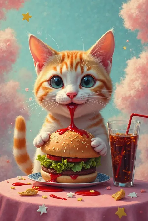 A cat that eats a cola with a burger