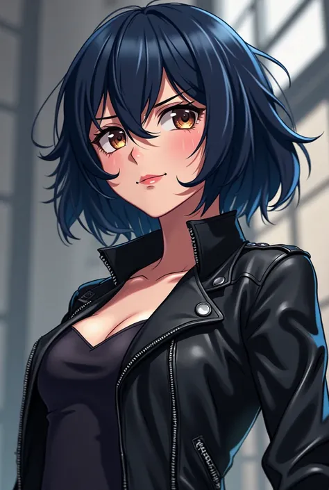 A girl with short dark blue hair,with brown eyes wearing leather jacket. In the style of my héro academy