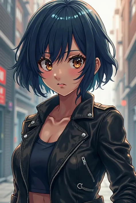 A girl with short dark blue hair,with brown eyes wearing leather jacket. In the style of my héro academy