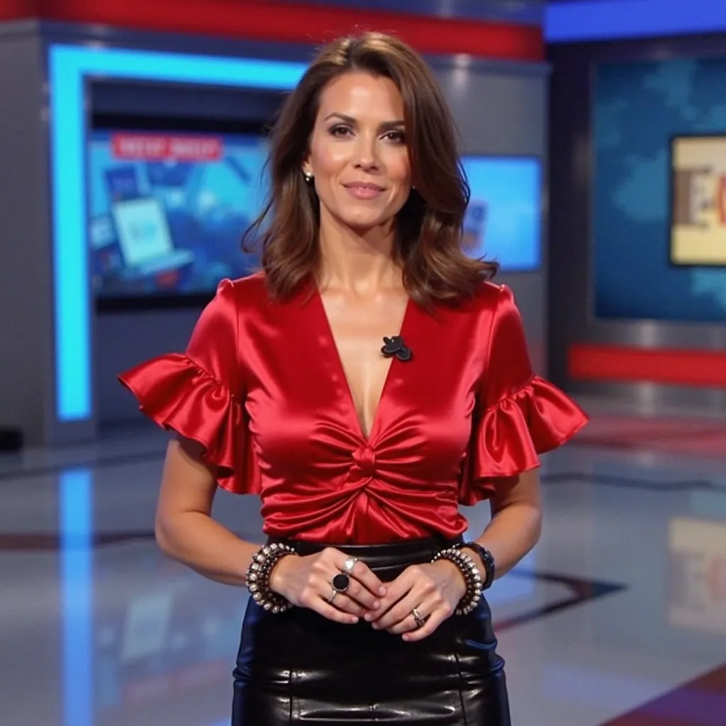 A woman news anchor or presenterin a television studio,
The woman is light-skinned and has shoulder-length brown hair,
She wears a shiny red satin ruffled-sleeve top with a knotted detail at the bustline,
she wears a shiny black fitted mini-leather skirt,
...