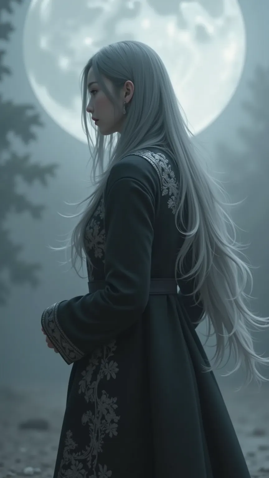 (double exposure:1.5)，Screen Segmentation，Altgelm Wind，Silhouette of a high-ranking wizard in the fog， black robe 、luxury costume with intricate silver embroidery、gray hair、fantasy, on the other hand、Quiet and surreal full moon.，Foggy City，Garo，JAPAN ANIME...