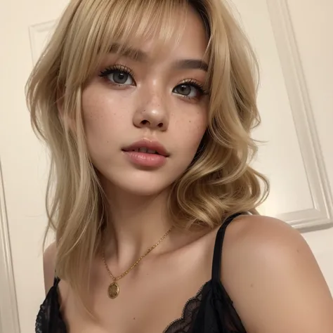 a young Asian woman, 20 years old, black blouse, fur coat, short blonde hair with bangs, black eyes, full lips, light makeup, highly detailed facial features, freckles, fair skin, sensual and delicate features, large breasts, Necklace Golden, piercing gold...