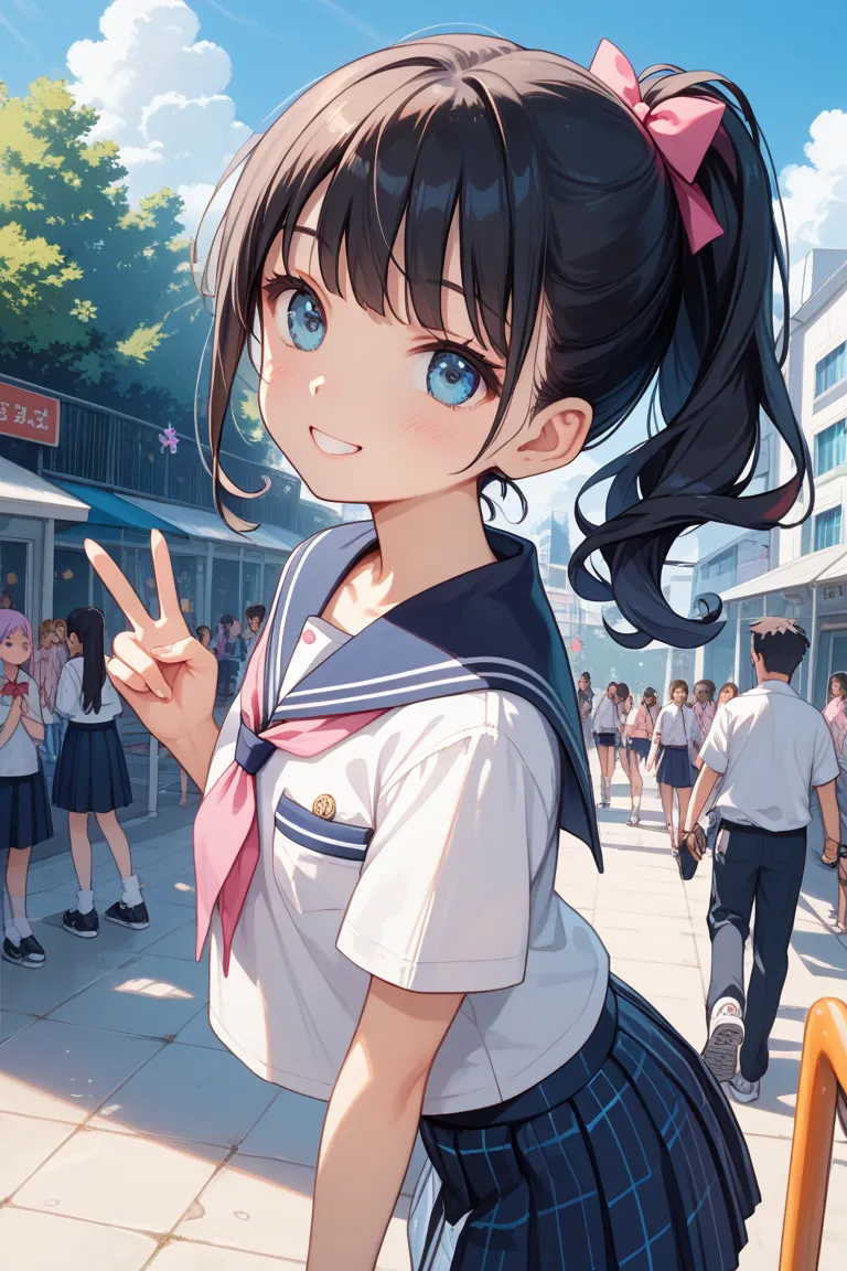 In the schoolyard of a beautiful junior high school in Japan, a very cute  junior high school student is standing in the schoolyard under the summer sunshine, shaking her hair, making a peace sign with her right hand, and winking with her left eye. She is ...