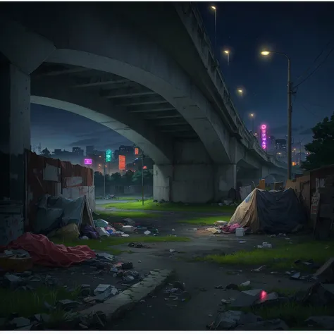 Anime style background, depicting the underside of a large concrete bridge with a low, wide arch, similar to the provided reference image. Show signs of makeshift shelters and belongings of a homeless person, like blankets, chairs, and personal items scatt...