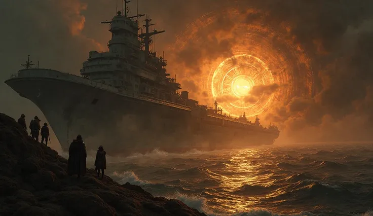 The dark hull of the mysterious warship begins to shift, revealing an unknown emblem—a rising sun over a horizon—glowing with golden light. Alien leaders, from towering armored warlords to multi-eyed scholars, stare at the symbol in awe and fear. They now ...