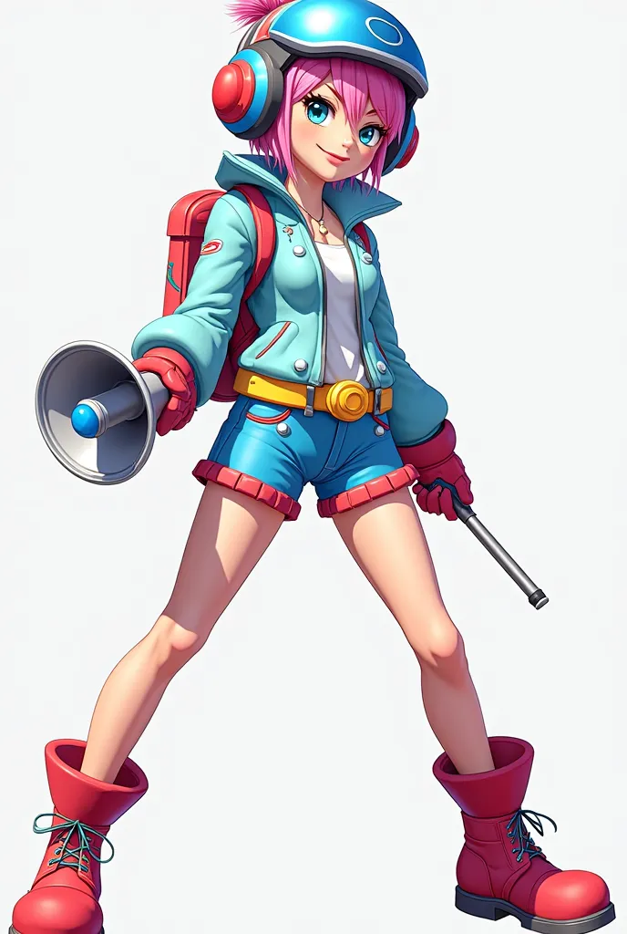 A woman wearing a stylized flight suit, She wears a light blue jacket with a collar white and red details {x} composed of a blue helmet with red details and a pink pompom on the top. Her hair is pink and short, and she has thick and expressive eyebrows, gi...