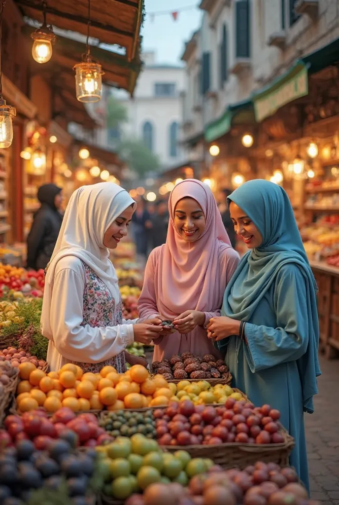 Sure! Here’s a detailed prompt for your image request:

"A vibrant marketplace filled with fresh fruits, vegetables, and Ramadan delicacies. Three beautiful Islamic girls, each wearing a different modest Islamic dress—one in white, one in pink, and one in ...