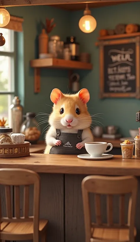 A friendly hamster chef, wearing a tiny barista apron, is running a charming little café. He stands behind a small wooden counter, carefully pouring a tiny cup of coffee. A chalkboard menu with cute hand-drawn lettering hangs behind him, while tiny pastrie...