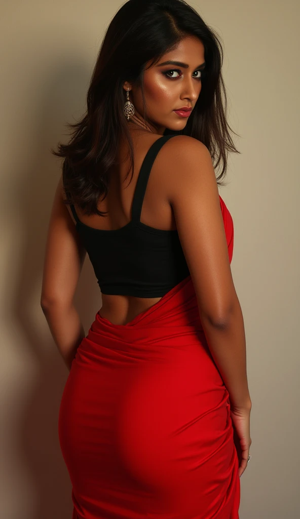 A sexy desi young woman with sexy face and meaty body in a red saree and black blouse