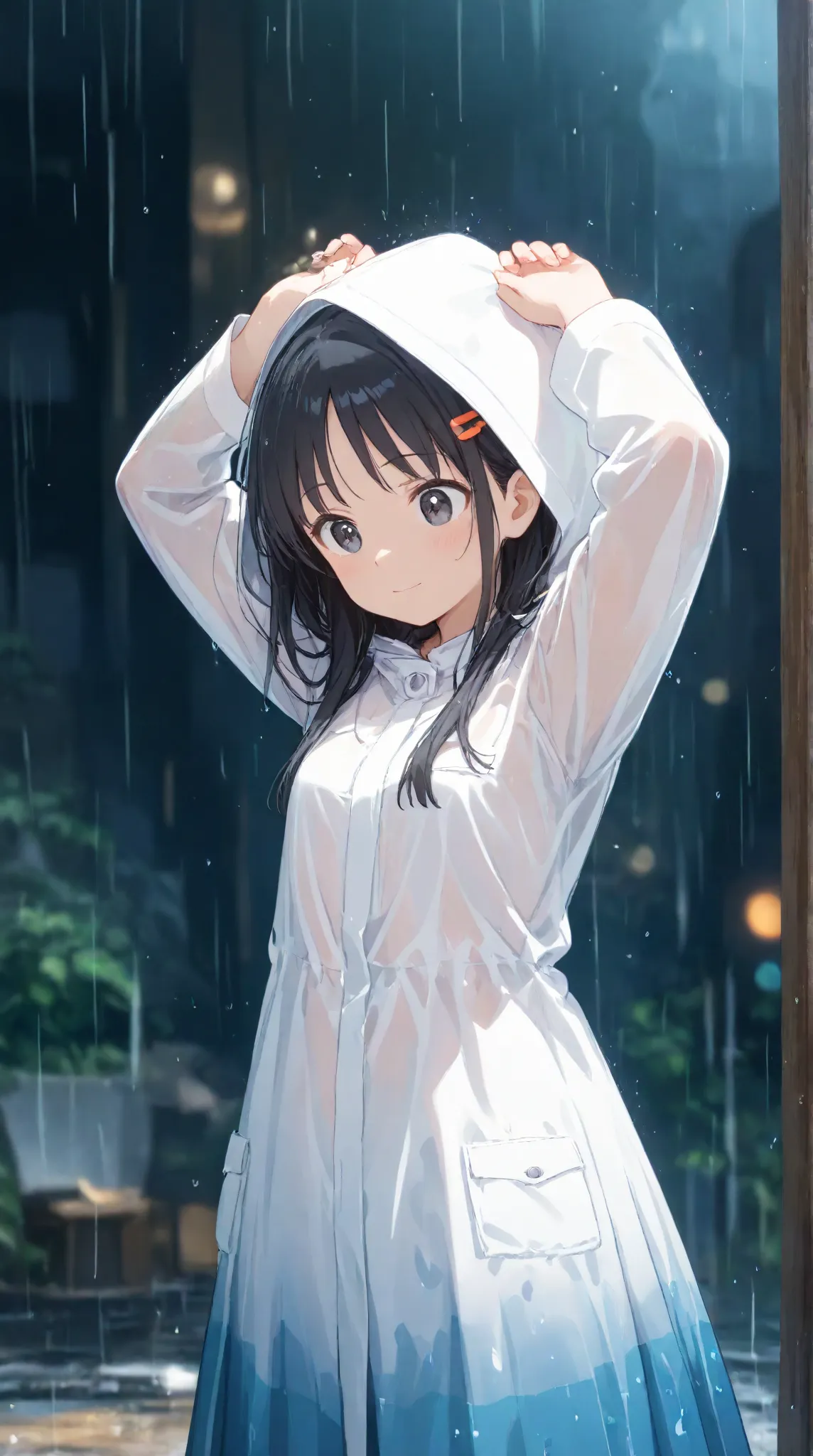 masterpiece,large breasts, long hair, (Black Hair 1.5) , bangs, （1 girl 1.5）,big eyes, Hair Ornaments , 18 years old、Bust Focus、viewer，full body,,cheerful, raincoat、rain、skirt、Clothes