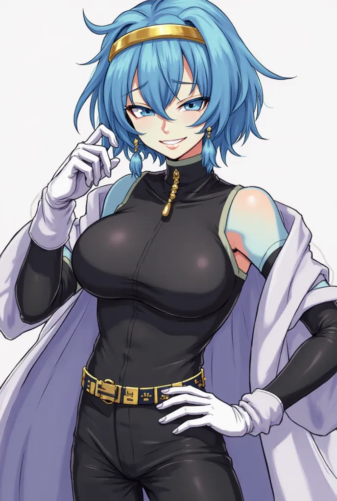 1girl aeos_(dragon_ball) arm_up bare_shoulders black_pants black_shirt black_sleeves blue_eyes blue_hair blue_skin breasts coat colored_skin detached_sleeves dragon_ball dragon_ball_heroes earrings floating_clothes gloves gold_headdress grin hair_between_e...