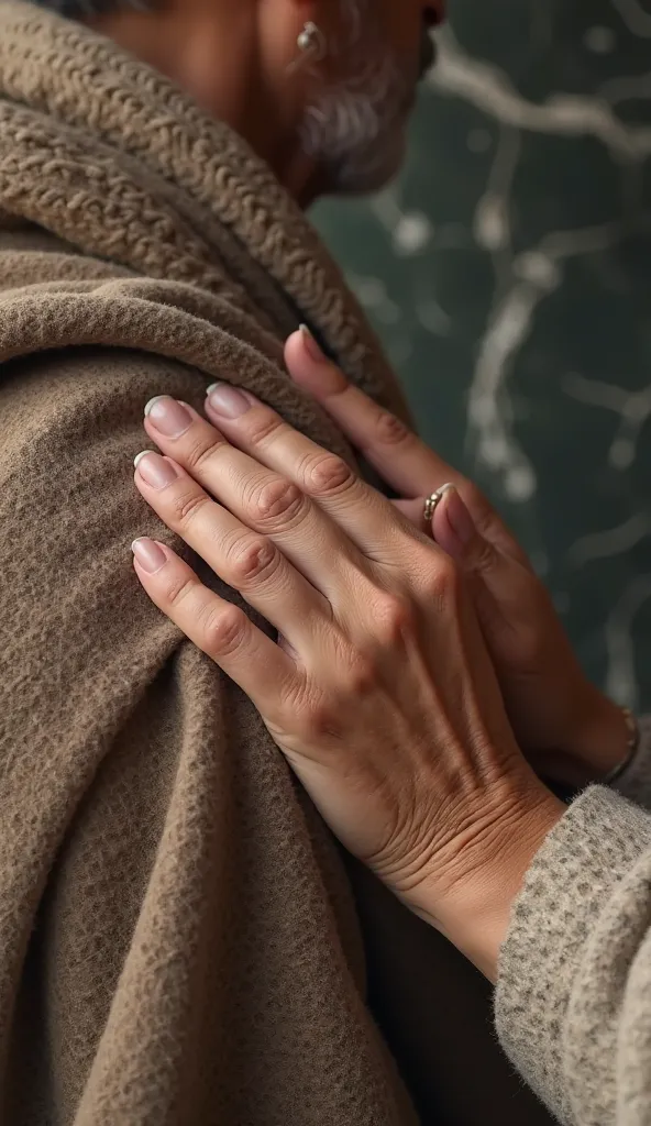 "A close-up shot capturing the tender connection between two hands. A young Indian woman's soft hand gently rests on the elderly man's shoulder, adjusting the delicate folds of a warm shawl draped around him. The elderly man's wrinkled, weathered hand reac...