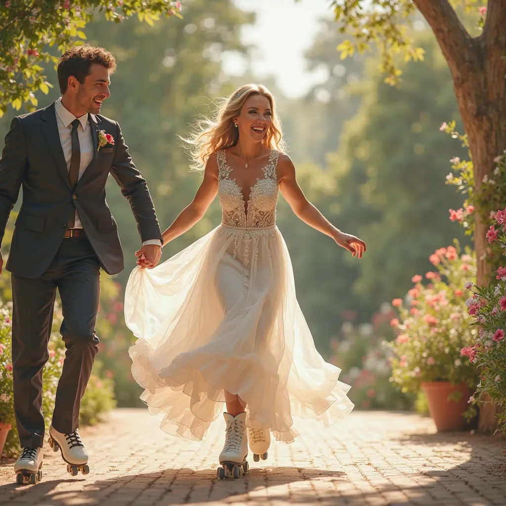 A woman in a sparkling wedding dress, trying to balance on roller skates but falling into her groom’s arms.