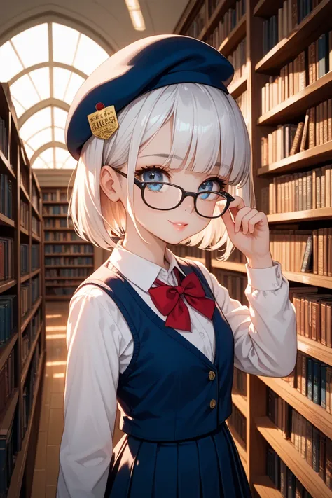 eyeglass beret　bob cut the blue cloth　 school uniform　 Libraries 　 Hair