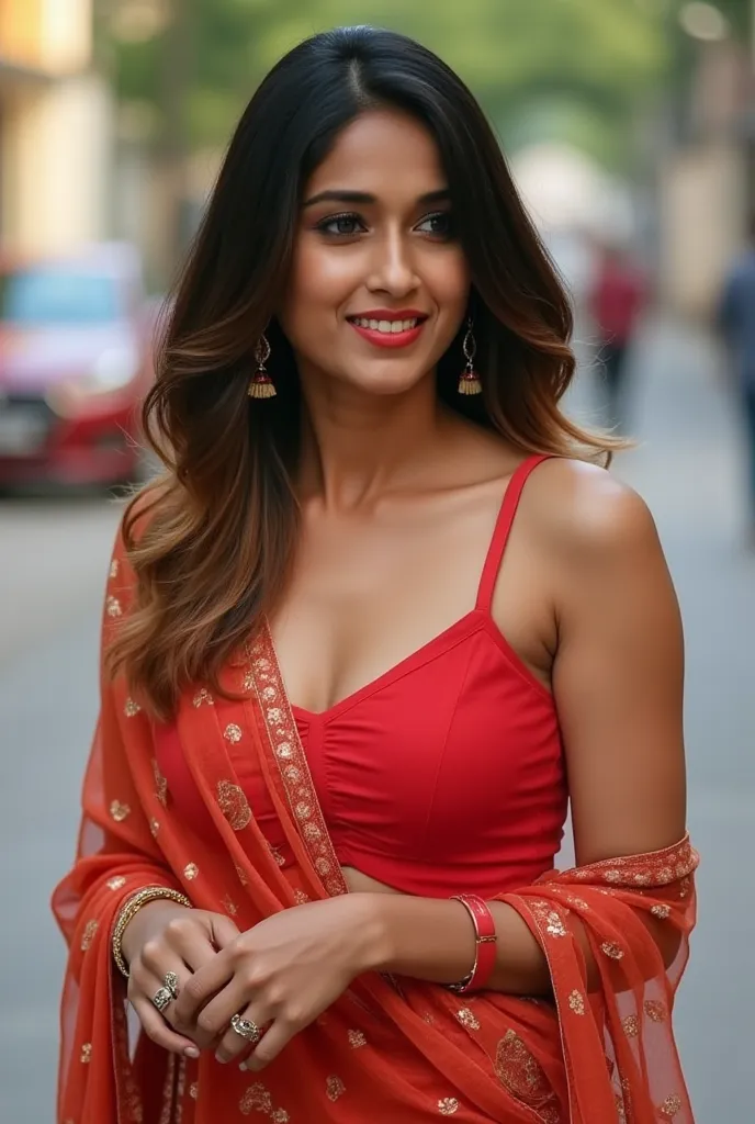 (((Desi Girl))), mature face, natural skin, Wearing a hot deep neck top and dupatta., Attractive black hair, ((The ends of my hair are blonde)), city street background, bokeh, Beautiful whole body, big breasts