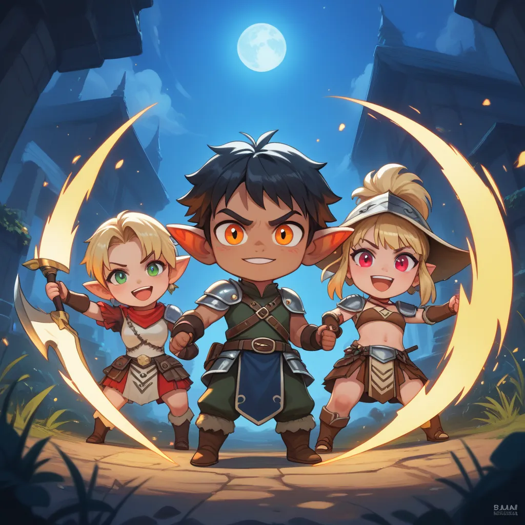 Here’s a prompt to generate a similar image:  

*"A chibi-style anime battle scene inspired by 'Solo Leveling.' A group of chibi hunters charge towards a goblin boss in a dynamic action pose. The central character, a black-haired warrior in a dark outfit, ...