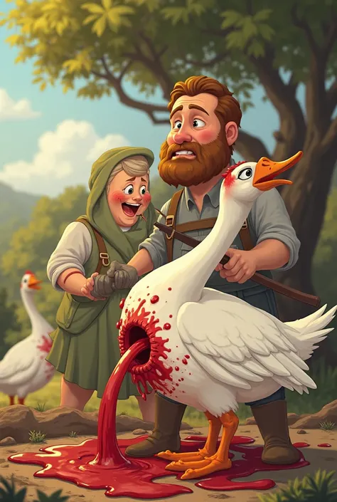 As soon as the farmer and his wife killed
the bird and opened the goose' stomach, to find nothing but guts and blood. The farmer, realizing his foolish mistake, cries over the lost resource. Please make it cartoon 