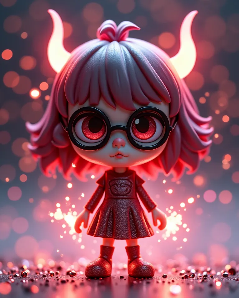 3D Images。god々like。Her hair color is dark pink and her hairstyle is short cut、Glasses、chubby cute  girl。Devil style。 glitter
