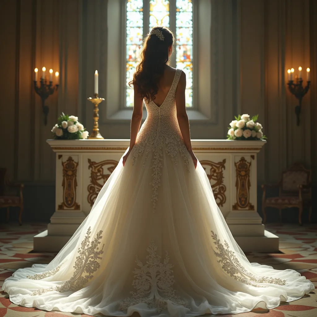 A woman at the altar in a totally impractical wedding dress, constantly adjusting her dress to keep it from falling off.