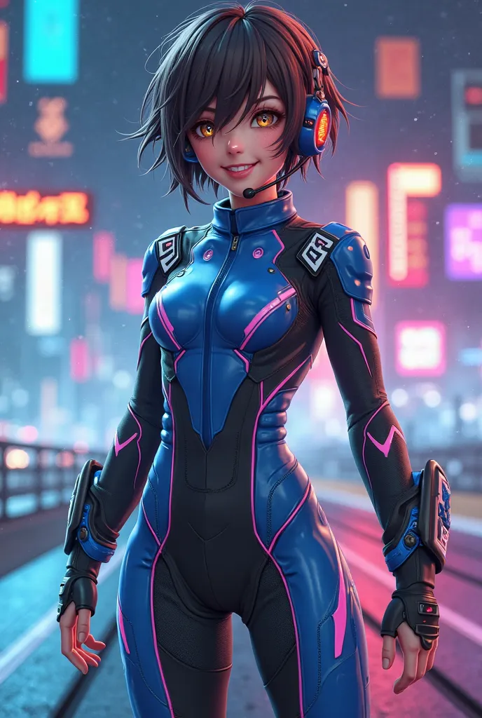 Generate a highly detailed 3D anime-style female character inspired by a futuristic racing theme. She has short, dark brown messy hair and bright, confident eyes. Her outfit is a modern, high-tech racing suit in blue and black with metallic and neon accent...