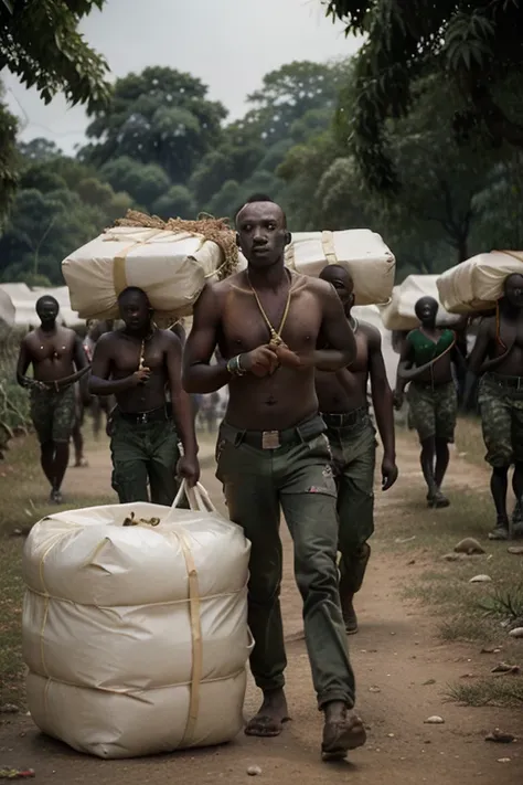 "The Dark Secret of King Leopold II’s Congo"
A grim and haunting scene of forced laborers in the Congo, carrying heavy loads under the watch of brutal Belgian soldiers. The background shows piles of ivory and rubber, symbolizing the greed behind the cruelt...