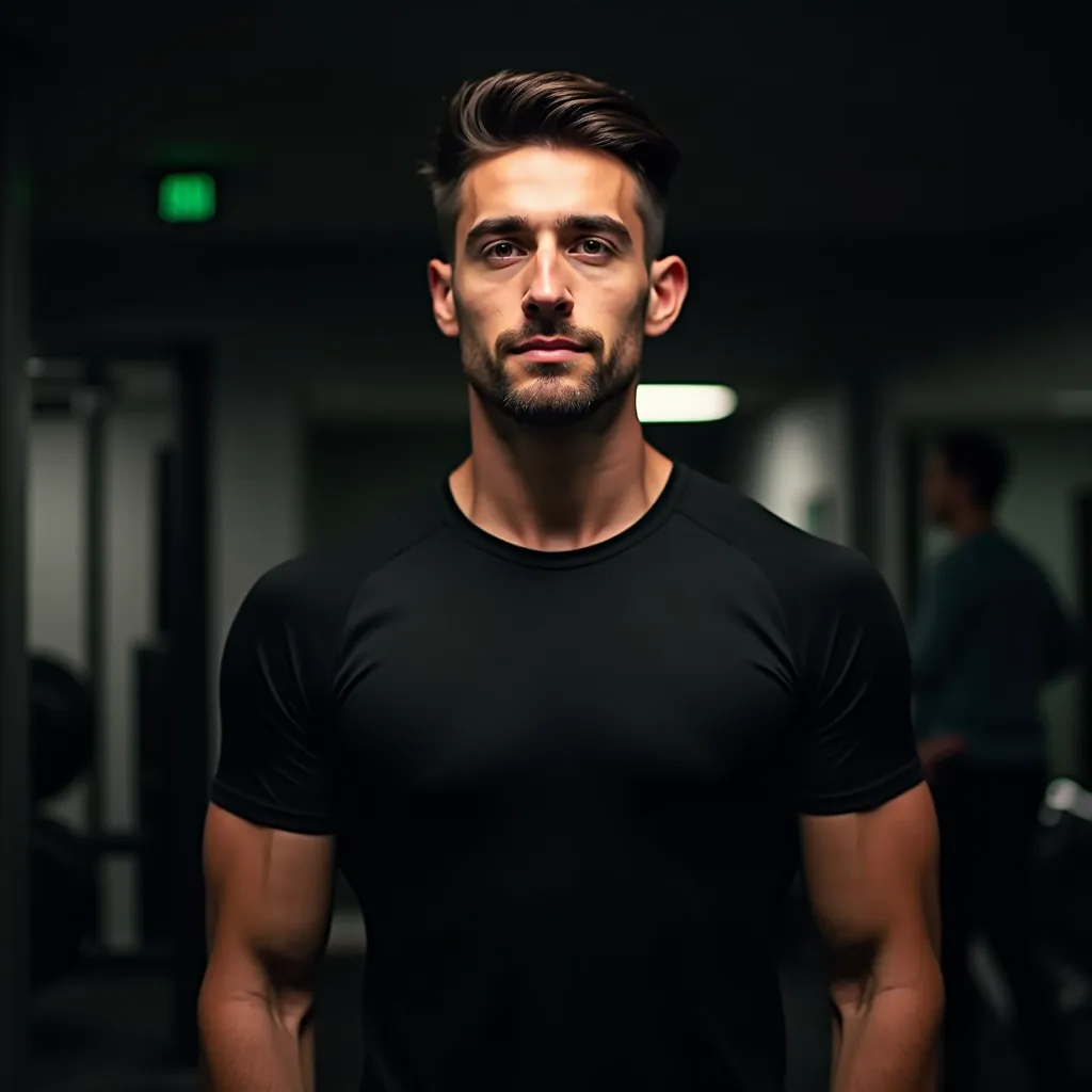 Professional photo of a cool American boy, aged 20 to 24, in a gym near a hotel in dark lighting. The angle is only on the T-shirt, so his head and face are not visible. He is wearing a black compression T-shirt. The lighting is very dark and professional.