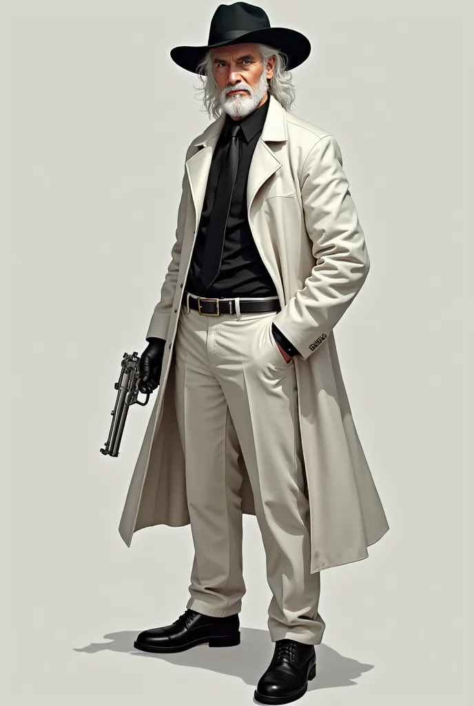  Paren, 25 years old, white hair, Red eyes, without beard and moustache, black hat, white coat, white trousers, black warm shoes, black shirt,  black tie,  beautiful appearance, holds a white model revolver in his right hand "Smith & Wesson .357 Magnum Han...