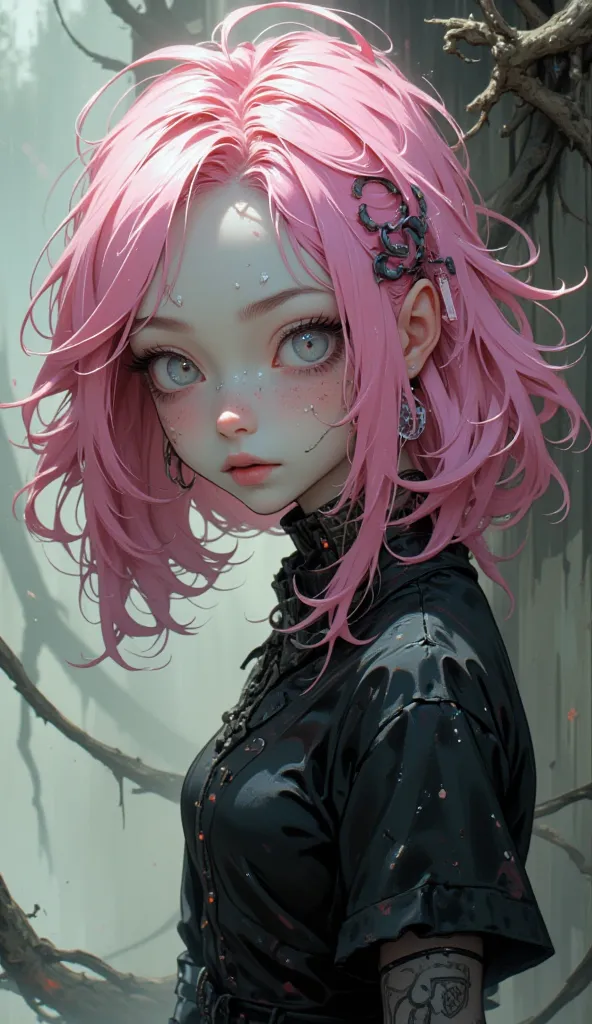 Tim Burton style、 young woman、 pink hair near MM、Add natural hand movements、 smoky color、