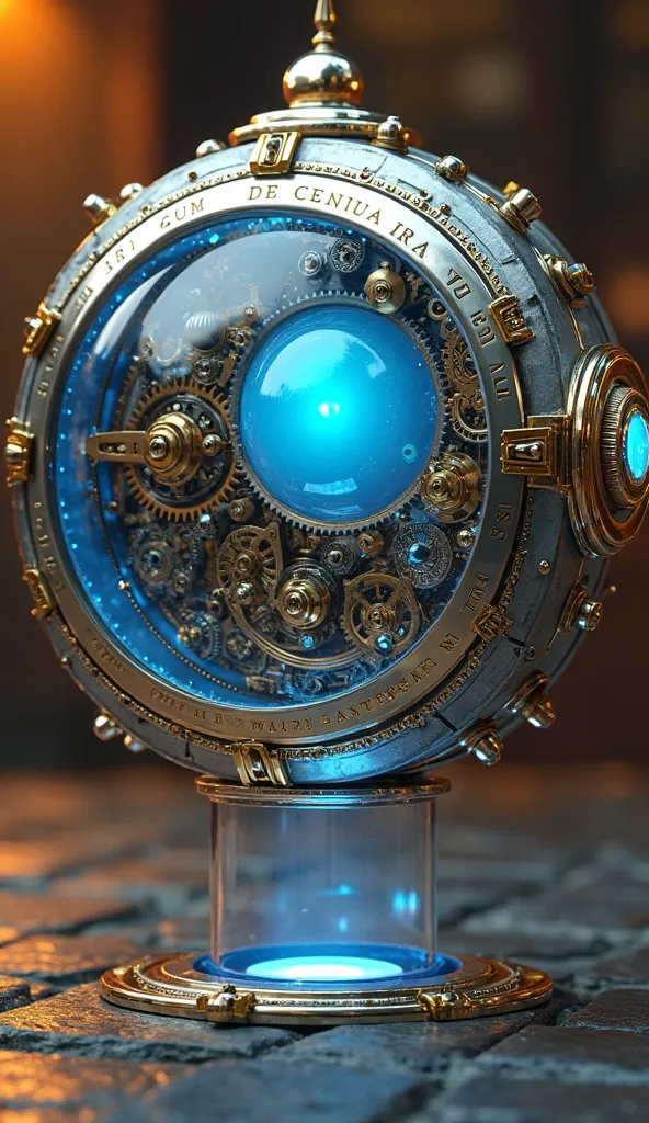 A highly detailed steampunk automaton designed as a floating news broadcaster. The body is a perfect metallic silver orb with royal blue gradient accents, featuring a semi-transparent frosted glass section at the back, revealing intricate golden mechanical...