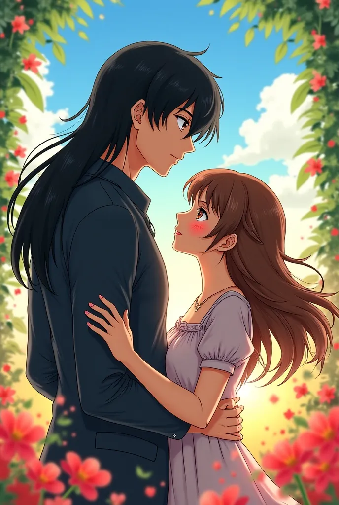 Draw 2 anime couple 
The man is 190 cm , black long hair, black eye, sport body 
The woman is 155cm, brown hair, brown eye, frikels in her face with cute face
